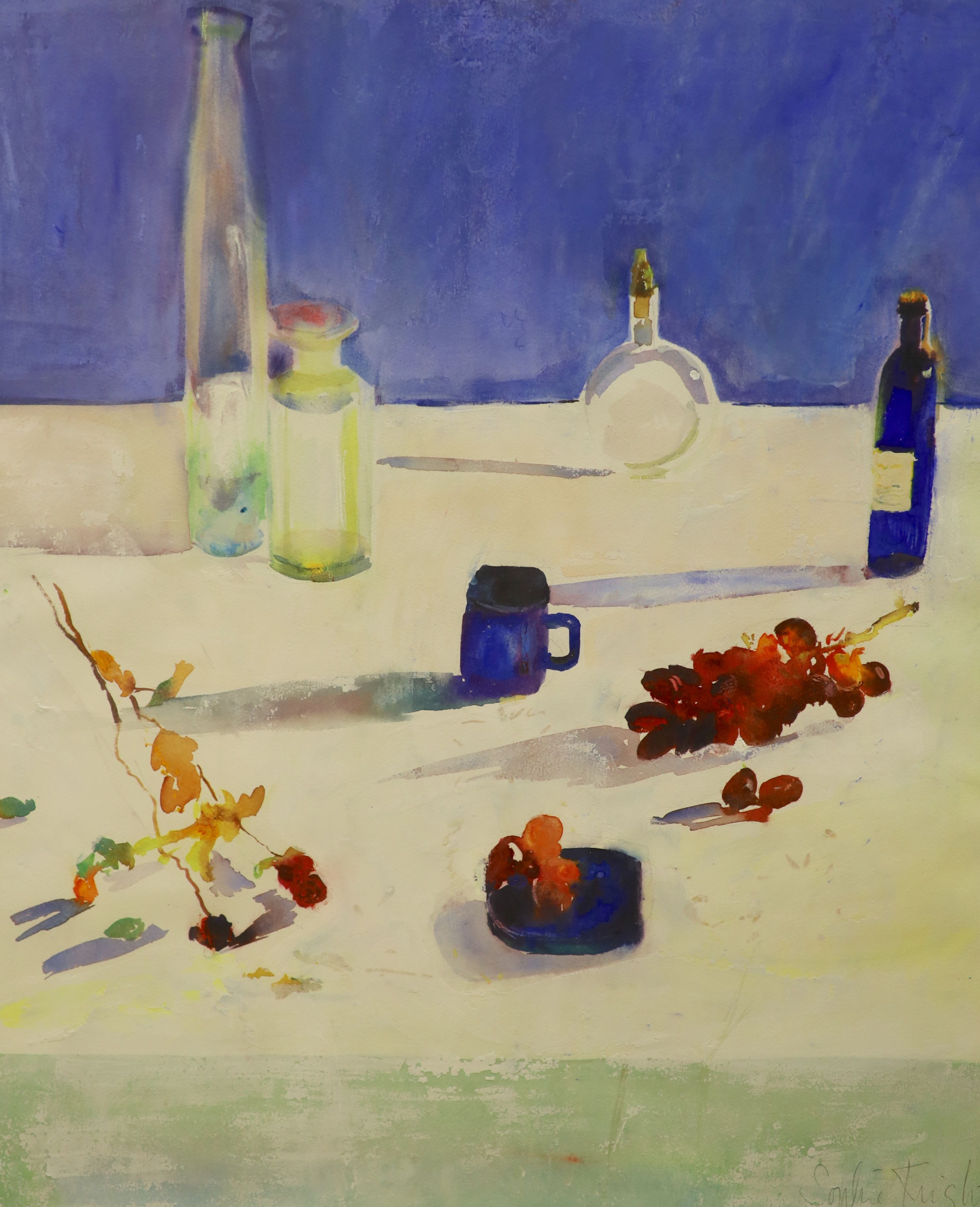 P. Matthews, colour etching, 'River', signed, 28/50, 34 x 46cm and Sophie Knight (1965-), watercolour, Table top still life, signed, 67 x 55cm